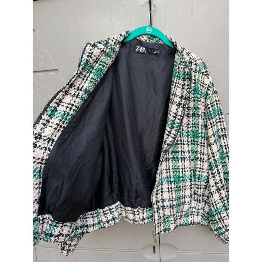 ZARA Women Tweed Plaid Bomber Jacket Zip Front Sz L Old Money Preppy Academia - Picture 5 of 13